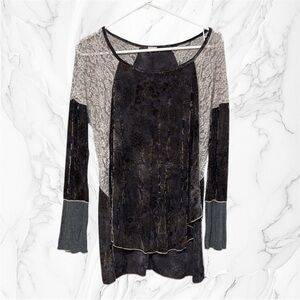 Marigold Mixed Fabric Lace & Velvet Tunic Top in Charcoal and Taupe